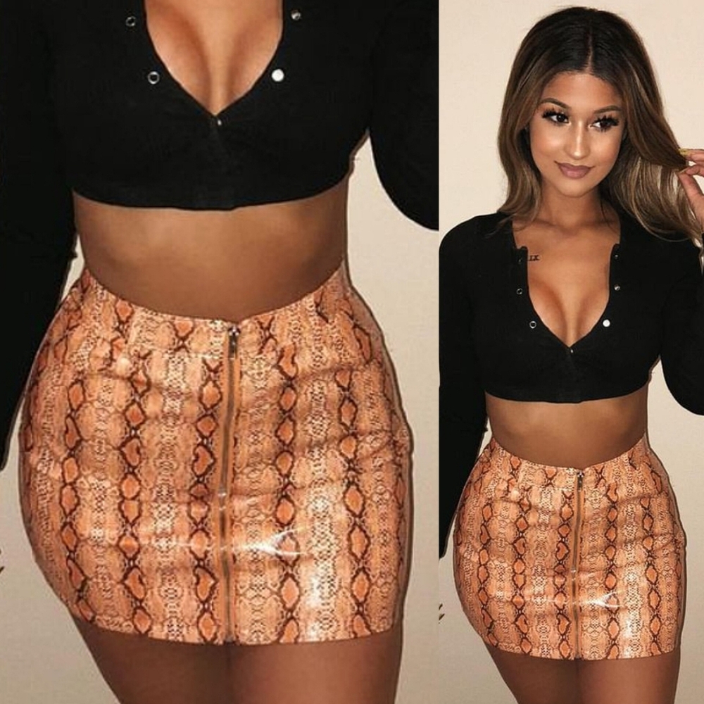 . OOTDFASH Orange Faux Leather Snakeskin Zip Up High Waist Mini Skirt - Picture 3 of 16